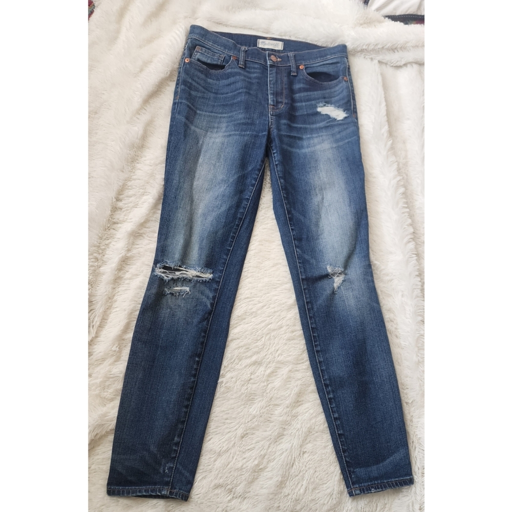 Madewell stretch high riser skinny distressed destroyed denim jeans size 28